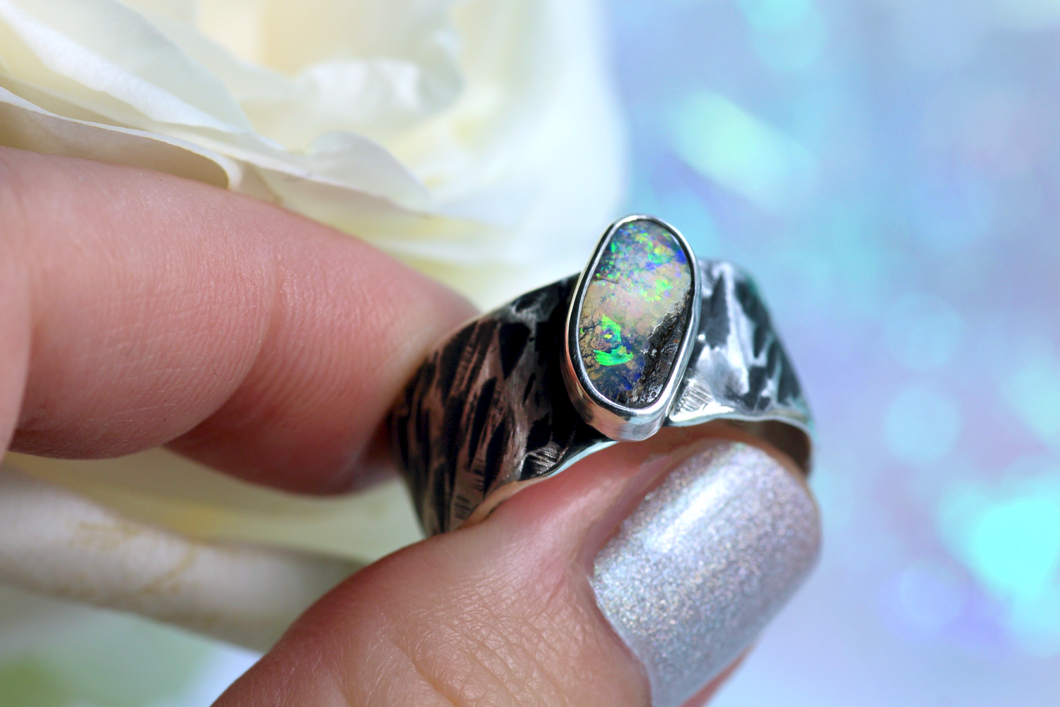 NAMIR AURORA Boho Silberrring mit australischem Opal – Handgemachter, einzigartiger Unisex-Ring · Ringgrösse EU 63