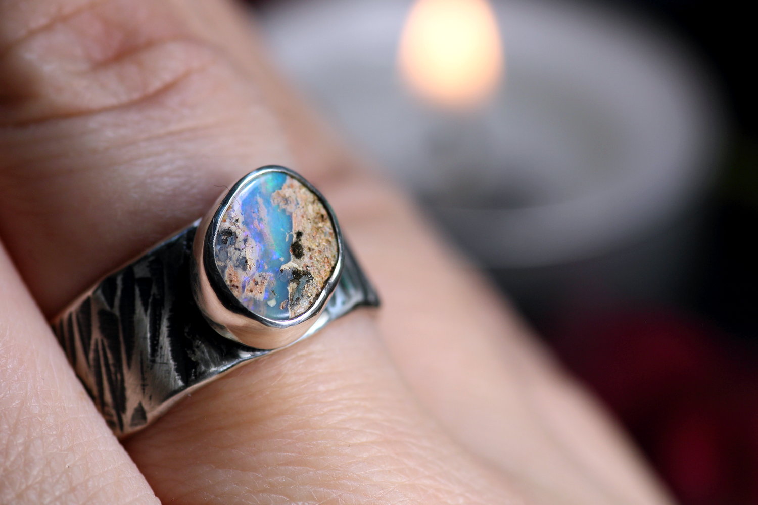 MARE IMMORTALE Boho Silberrring mit australischem Opal – Handgemachter, einzigartiger Unisex-Ring · Ringgrösse EU 59