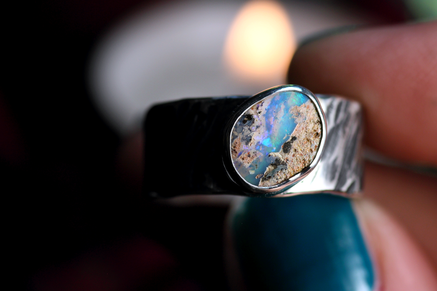 MARE IMMORTALE Boho Silberrring mit australischem Opal – Handgemachter, einzigartiger Unisex-Ring · Ringgrösse EU 59