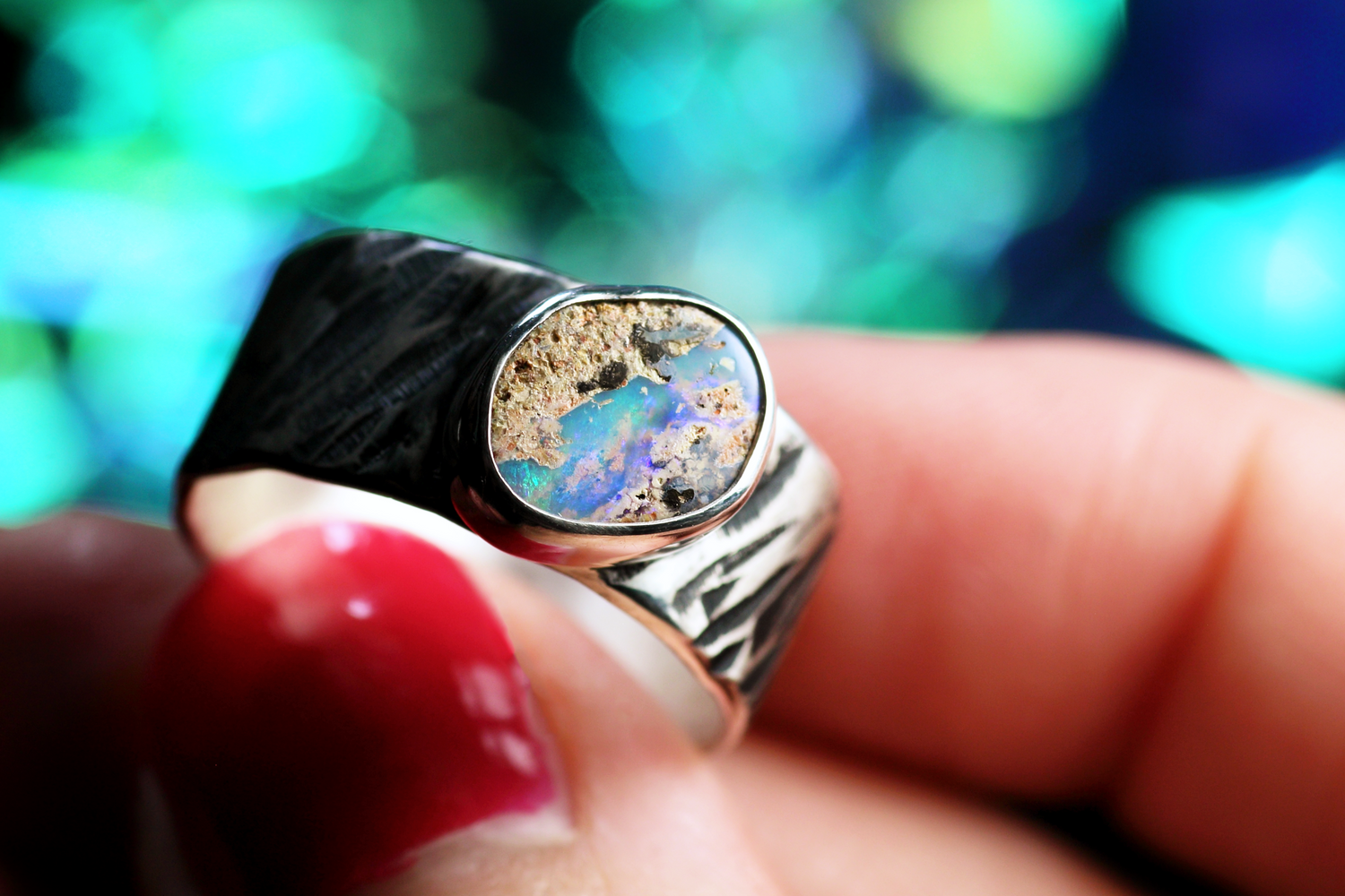 MARE IMMORTALE Boho Silberrring mit australischem Opal – Handgemachter, einzigartiger Unisex-Ring · Ringgrösse EU 59