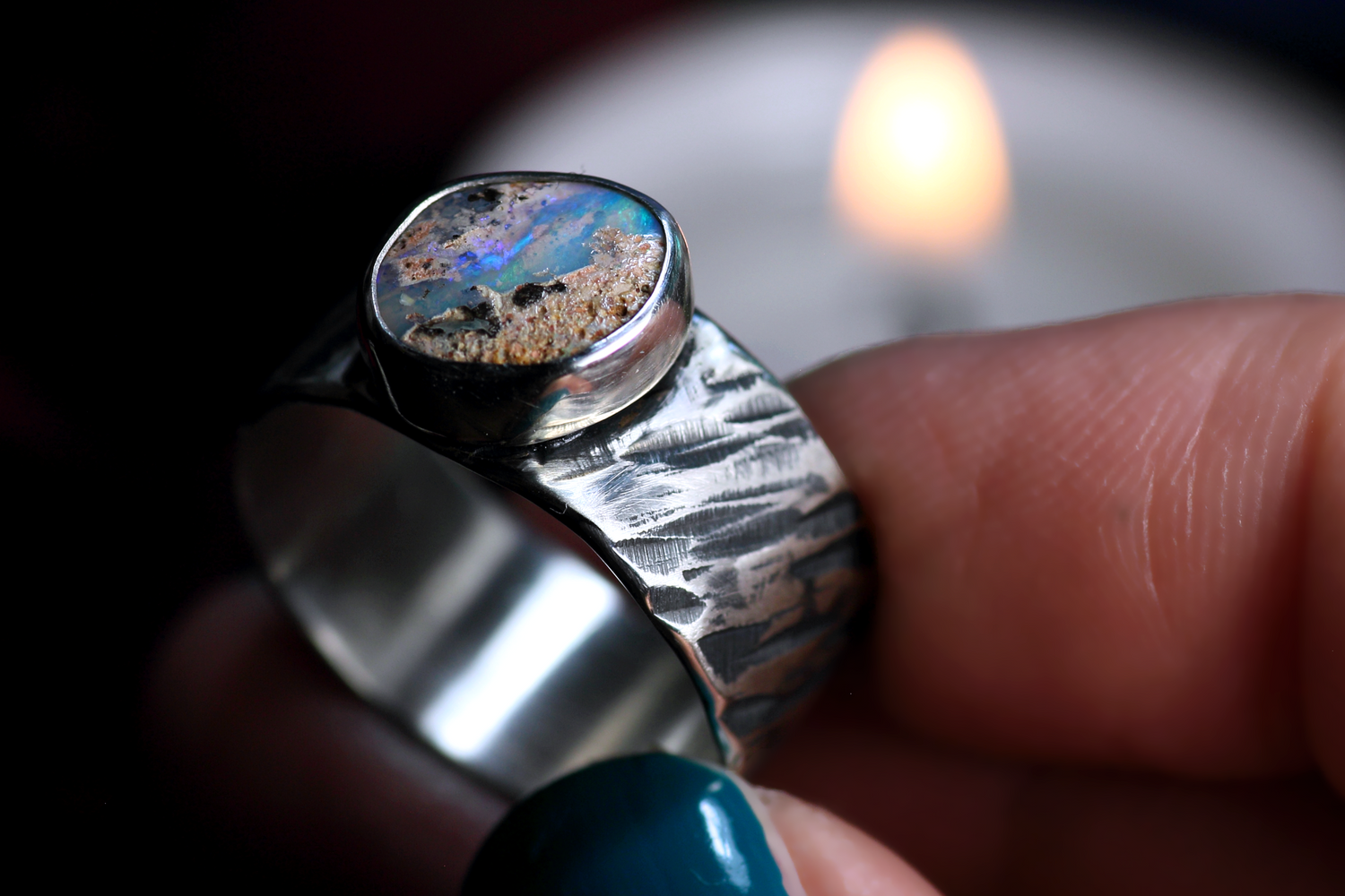 MARE IMMORTALE Boho Silberrring mit australischem Opal – Handgemachter, einzigartiger Unisex-Ring · Ringgrösse EU 59