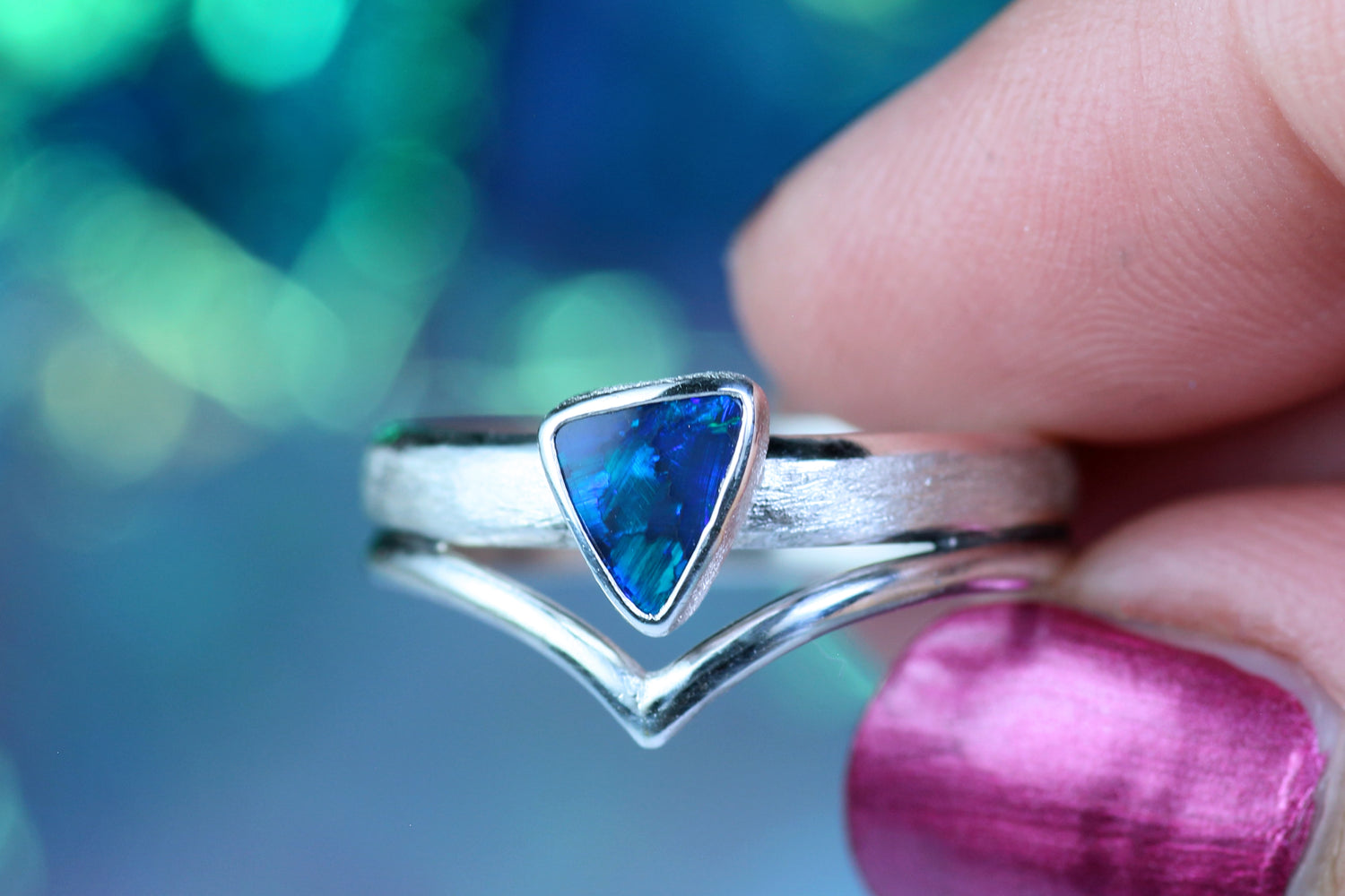 LUNA SERENA Boho Silberring mit australischem Opal · EU 58