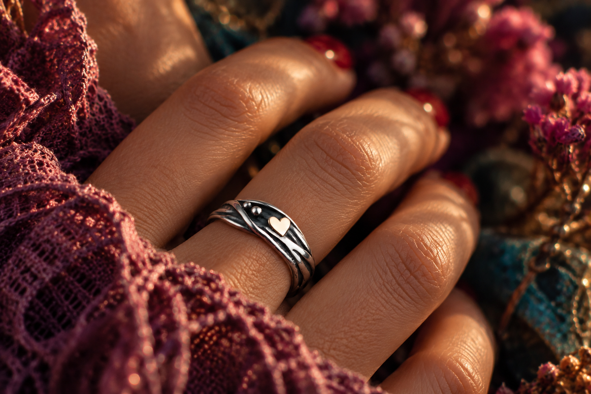 CŒUR D'OR – Bague Infini en argent sterling 925 avec un cœur en or rose 18 carats limé à la main | Symbole d'amour éternel