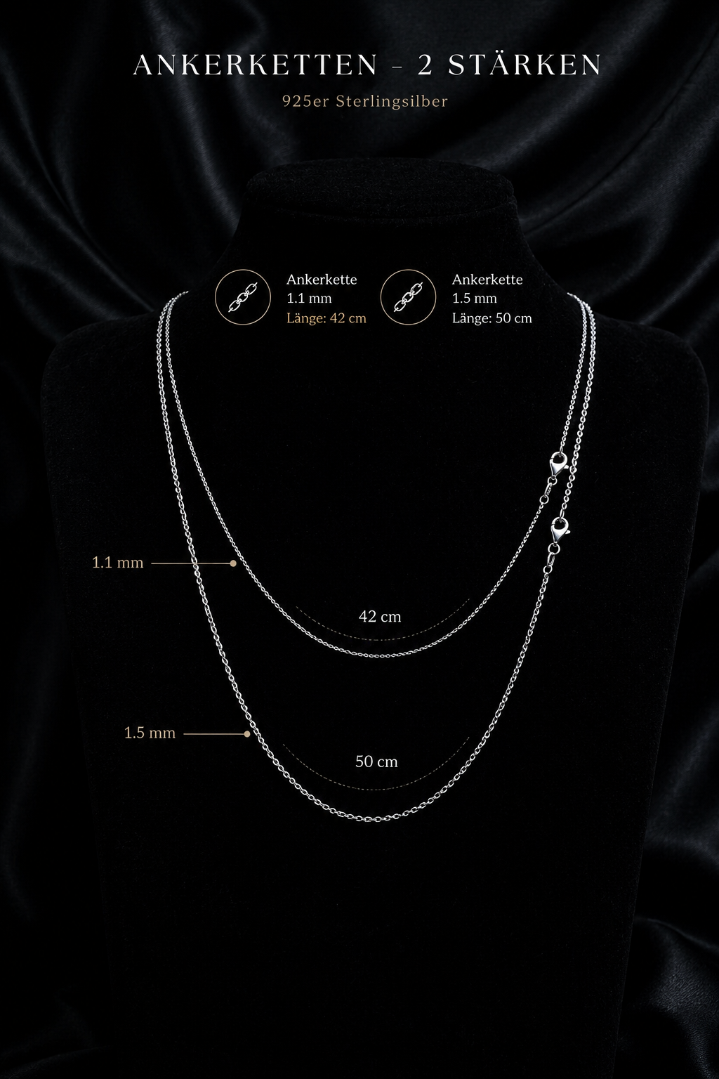 Halskette · Ankerkette aus 925 Sterling Silber – 42 cm oder 50 cm