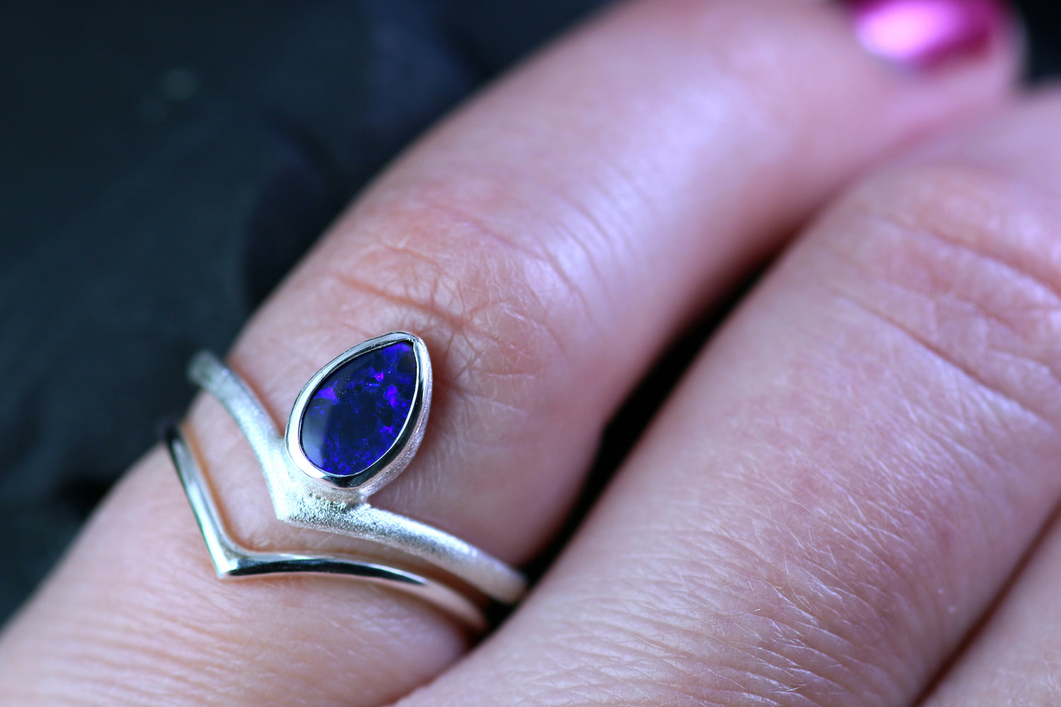 LACRIMA INDIGO Black Opal Ring aus Silber 925 · Ringgrösse EU 50 - 51